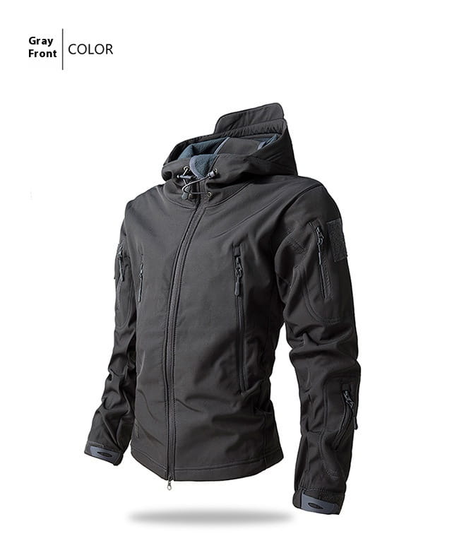 Men’s black waterproof tactical fleece soft shell jacket with gray-lined hood and multiple zippered pockets.