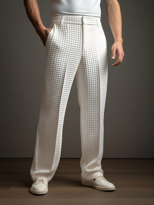 Men’s slim fit waffle knit straight leg business trousers in white with a subtle gray grid pattern featuring a tailored fit and clean stitching.