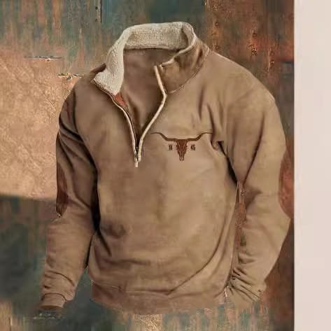 Chaqueta de forro polar para hombre con patrón geométrico en color caqui, con un cuello forrado con sherpa color gris claro contrastante y un logotipo bordado de longhorn marrón en el pecho.