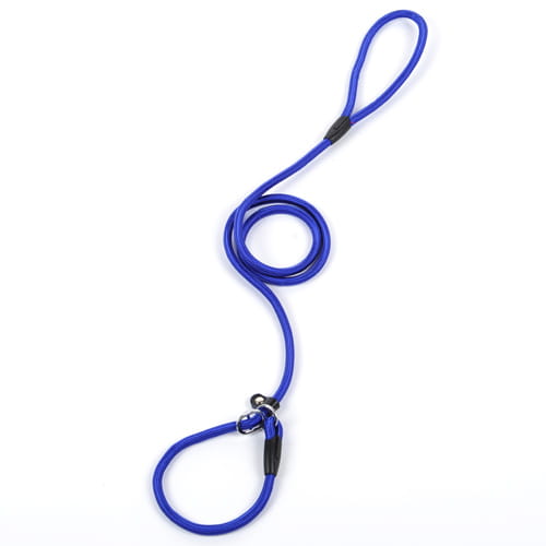 Correa para perro de nailon trenzado azul para mascotas pequeñas y grandes con asa de plástico negro y broche metálico.