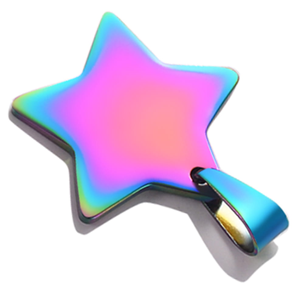 Rainbow-colored stainless steel star pendant necklace with a sleek metallic finish and a small loop for attachment in gold.