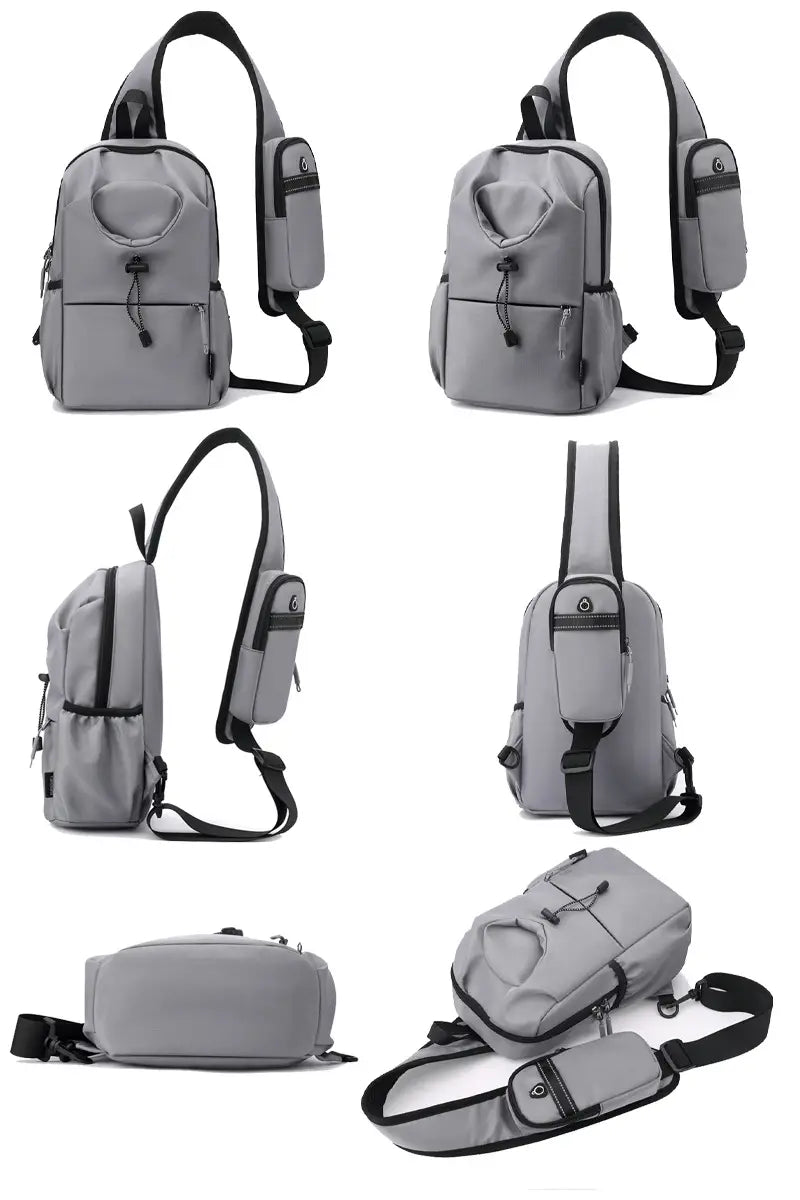 Wasserdichte Herren-Oxford-Gewebe-Minimalist-Crossbody-Brusttasche aus grauem Material mit schwarzen Trägern und Reißverschlüssen, mit mehreren Taschen und kompakter Ausführung.