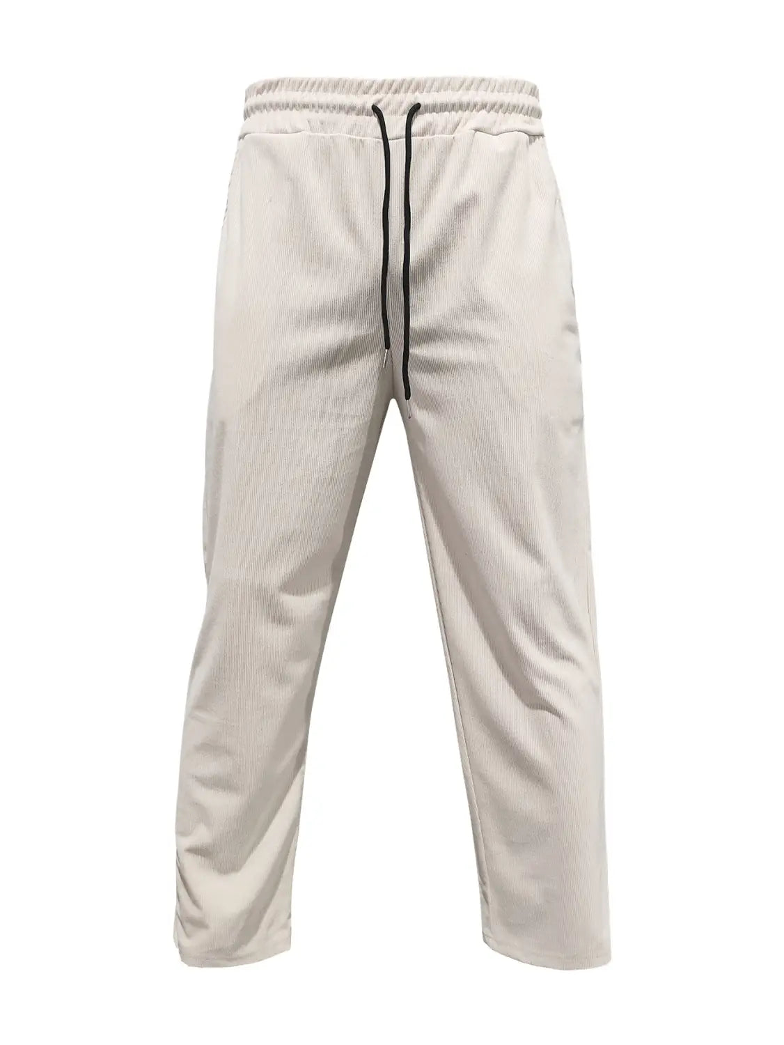 Joggers de pana color beige con cinturilla de cordón negro, diseñados como pantalones casuales rectos de pierna recta