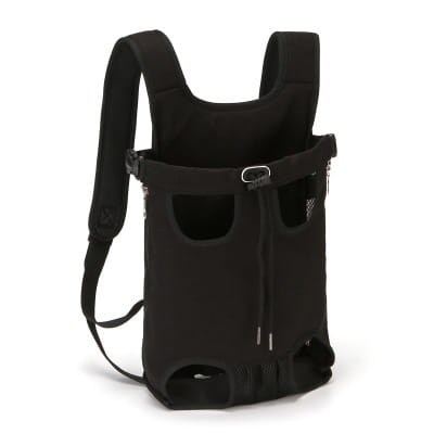 Black fabric breathable pet carrier backpack with adjustable straps and mesh side panels for small dogs and cats shown from the back side.