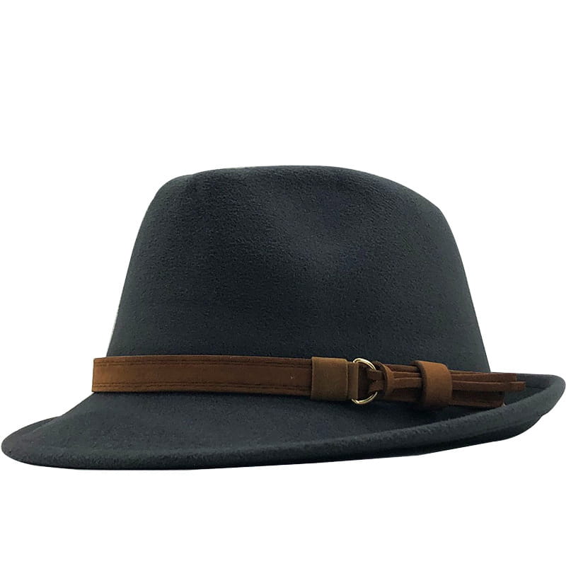 Dark gray wool fedora hat with a brown leather strap and buckle.