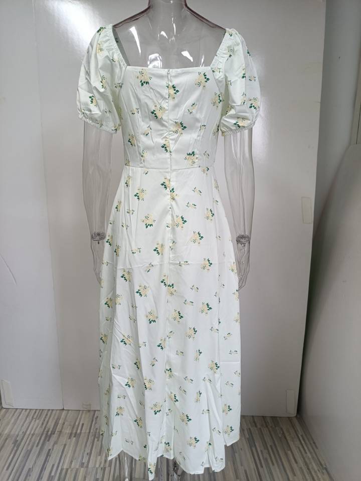 a white floral print midi dress with puffed short sleeves and a square neckline featuring a slit design