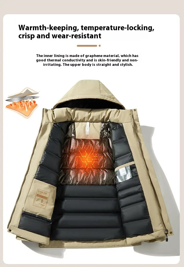 Beige hooded windproof waterproof puffer jacket with black quilted lining and graphene inner layer for enhanced warmth.
