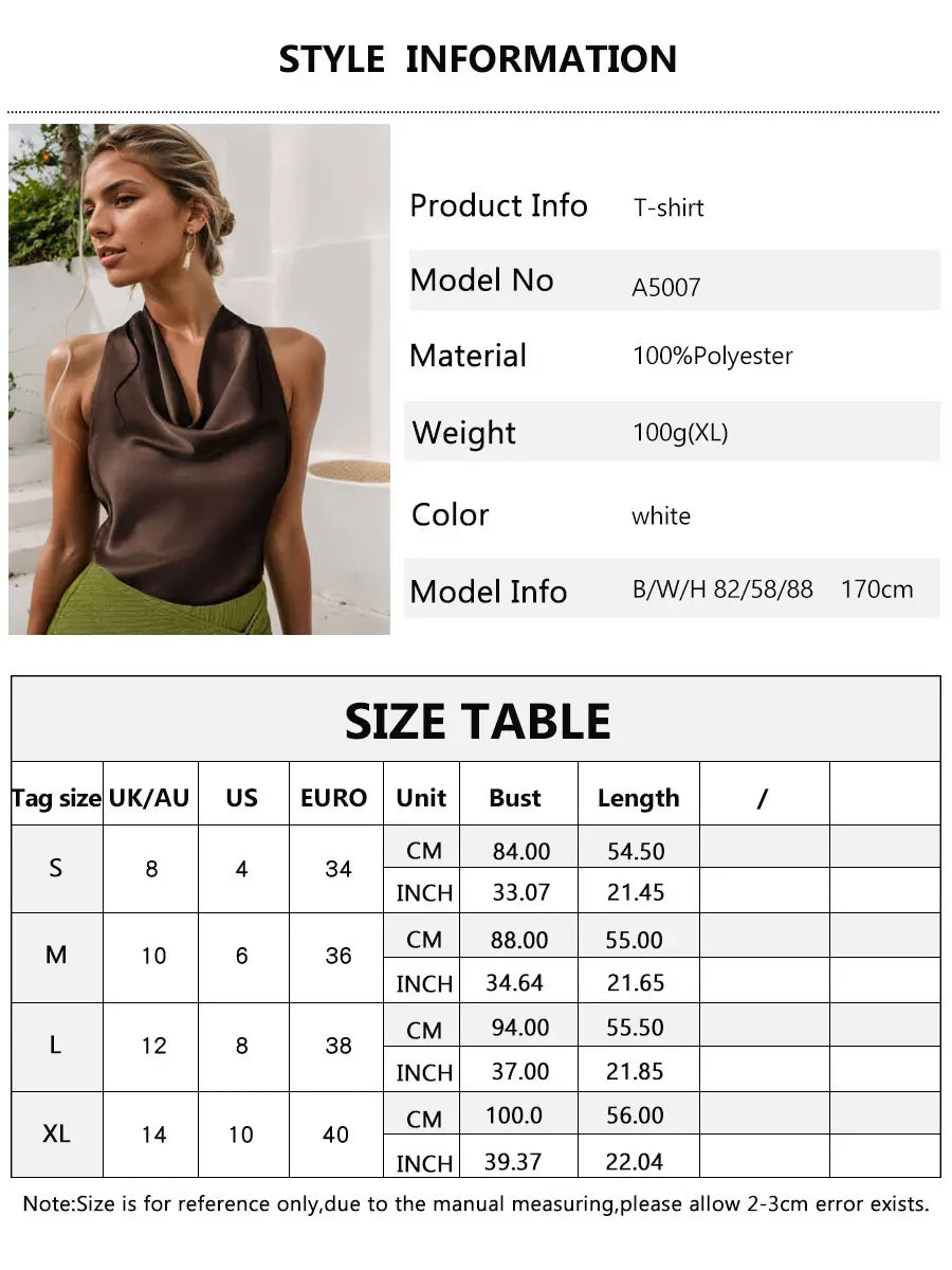 Weißes Polyester-Satin-Cowl-Neck-Haltertop mit drapiertem Ausschnitt.