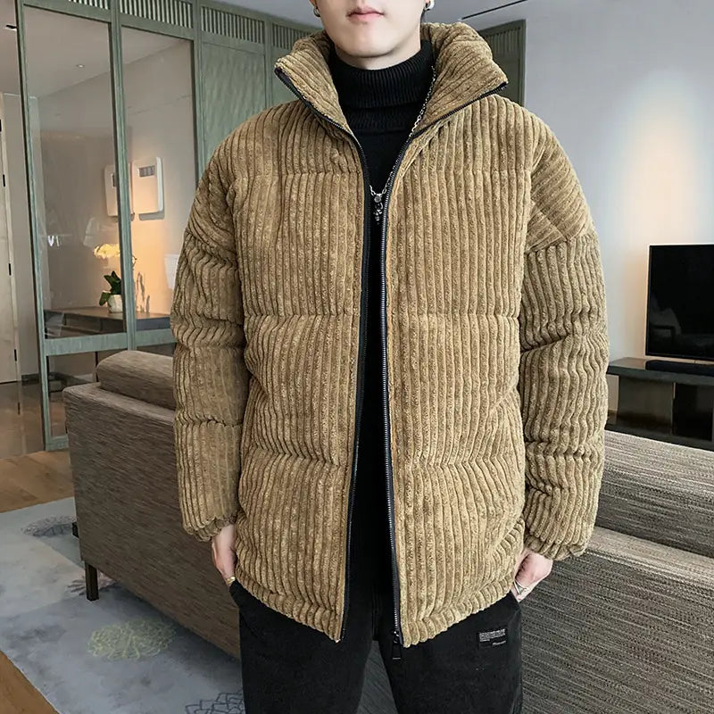 Men’s thickened tan corduroy puffer jacket with quilted design black zipper and high collar.