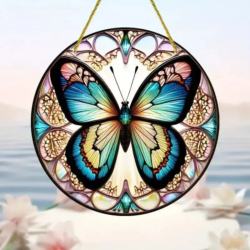 Butterfly acrylic wall art floral hanging decor featuring a circular stained glass butterfly ornament with iridescent blue teal and yellow wings surrounded by intricate floral patterns.