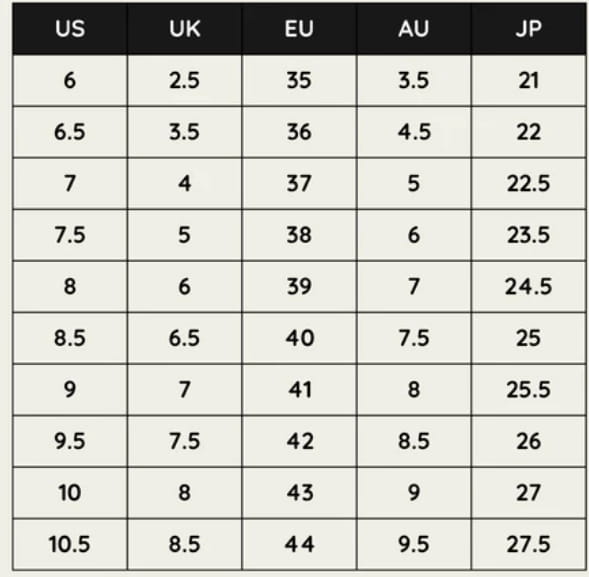 una tabla de conversión de tallas de calzado que muestra medidas en los sistemas de tallaje de EE. UU., Reino Unido, UE, Australia y Japón para sandalias de tacón alto tipo bow para mujer con pedrería