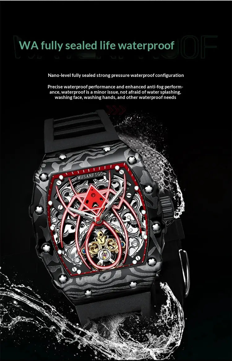 men’s barrel skeleton automatic mechanical sport watch with black and red skeletonized design, intricate mechanical movement, textured dial, and silver-toned accents.