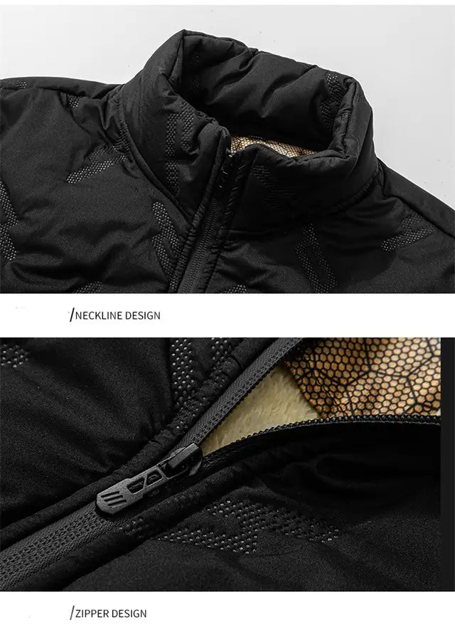 Men’s black graphene quilted winter jacket with fleece lining featuring a high collar, mesh detailing on the exterior, and a zipper closure.