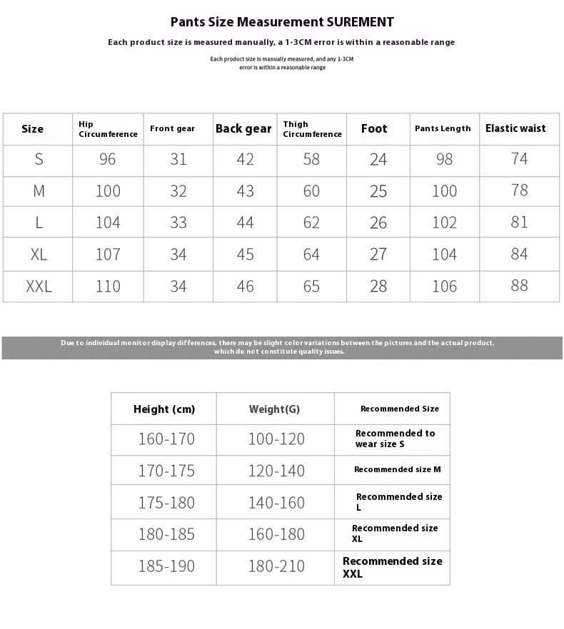 men wool cardigan sweatsuit pants size measurement chart with detailed dimensions for sizes s through xxl.