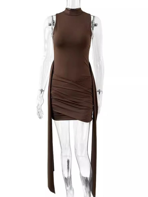 A sleek sleeveless brown mini dress with a high neckline and asymmetrical ruched side panel flowing into long draping fabric.