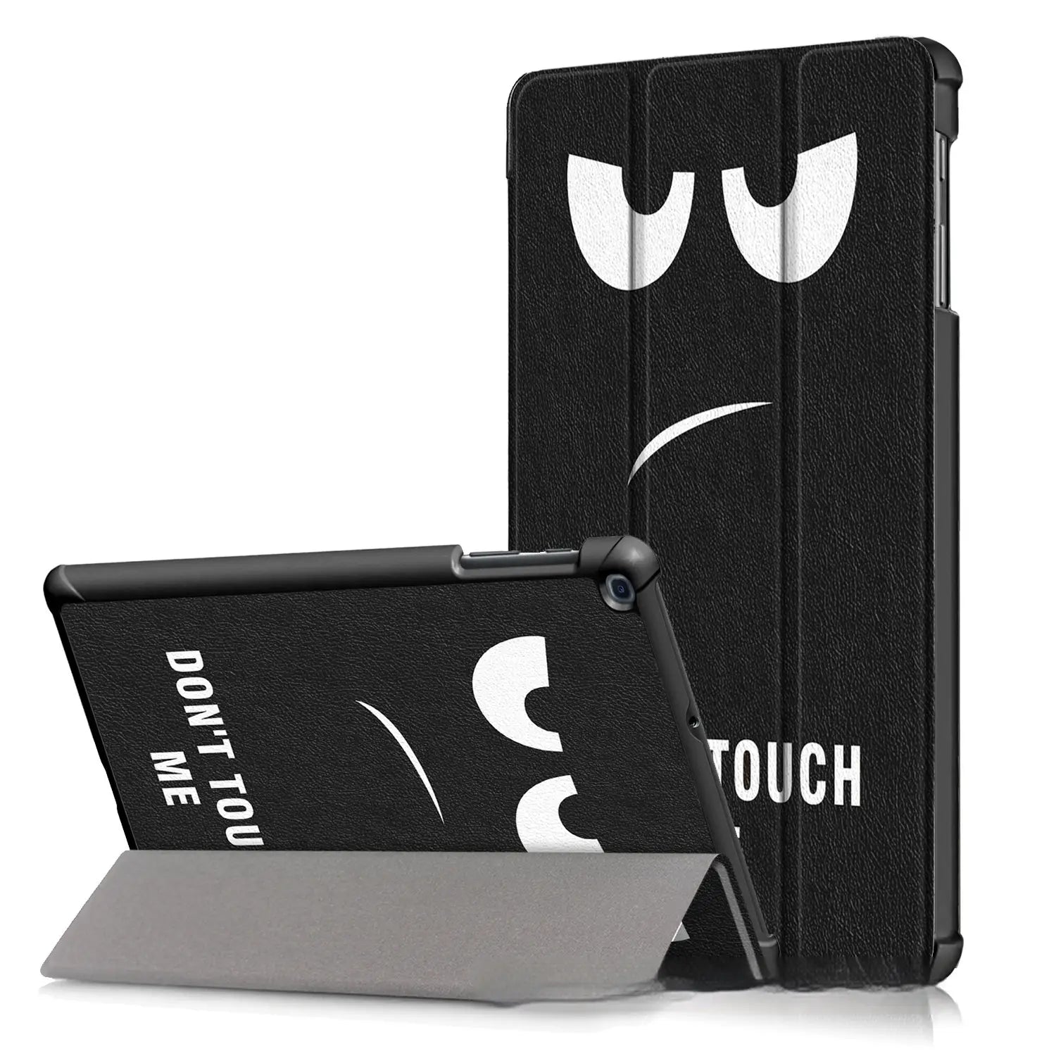 Funda tipo libro de cuero triádica negra para tableta Samsung con un diseño de rostro blanco tipo caricatura con el texto «dont touch me» e incluye un soporte integrado, mostrado desde el reverso.