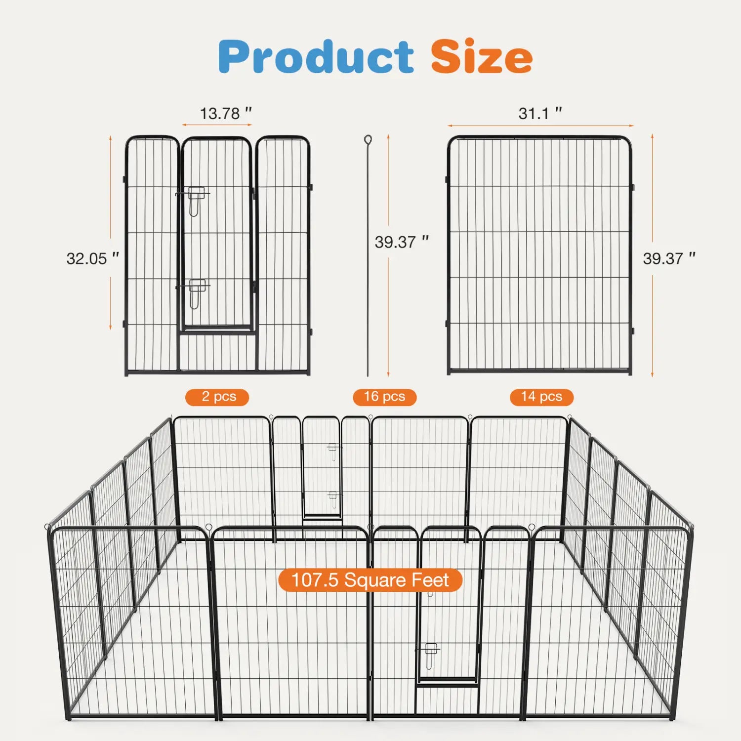 Black metal heavy duty metal dog playpen with interlocking panels and a gate for secure pet enclosure and exercise fence use.