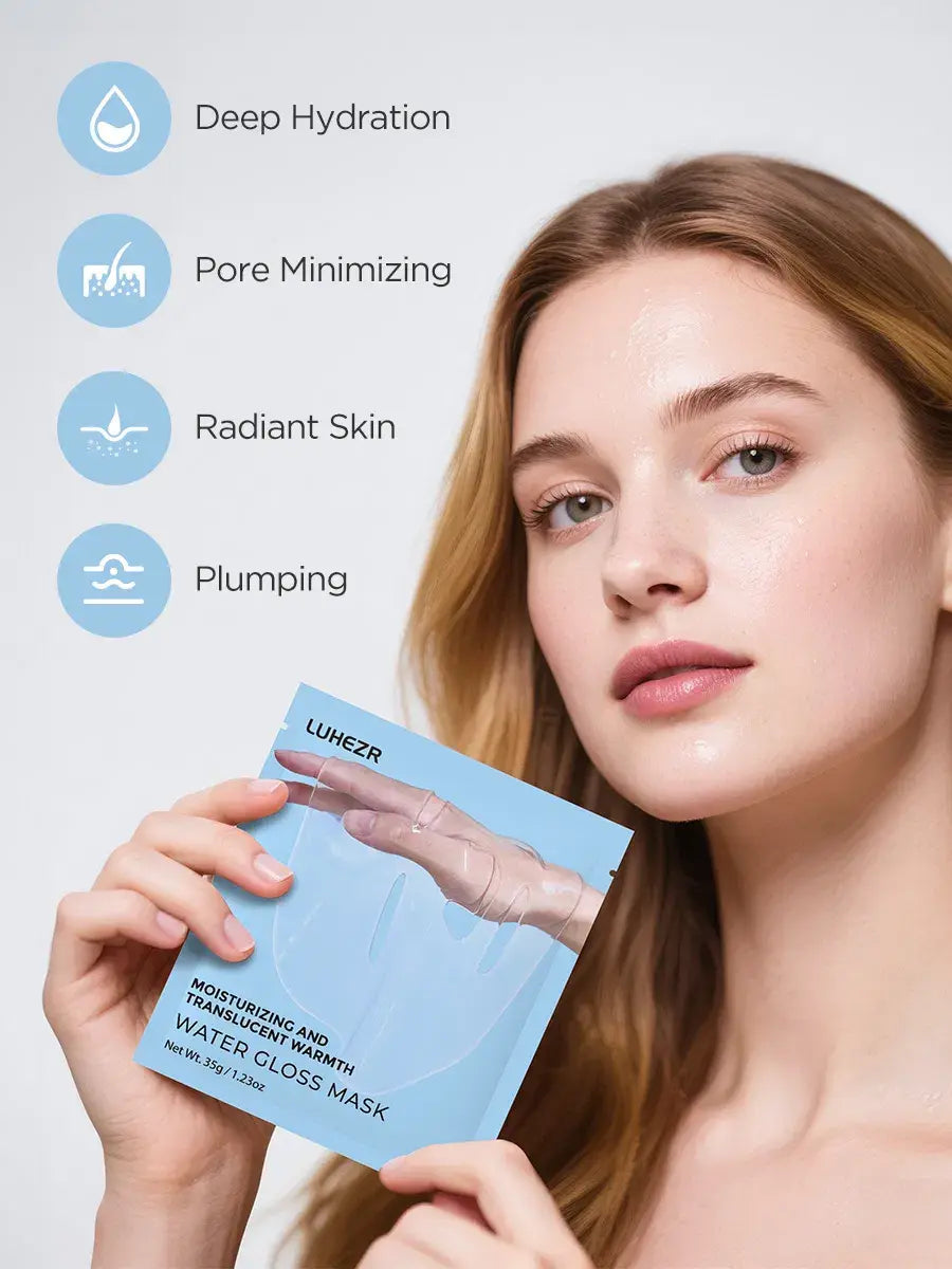 A light blue translucent water gloss deep collagen anti wrinkle lifting mask in a sleek minimalist package with the brand name Luhezr printed on it.