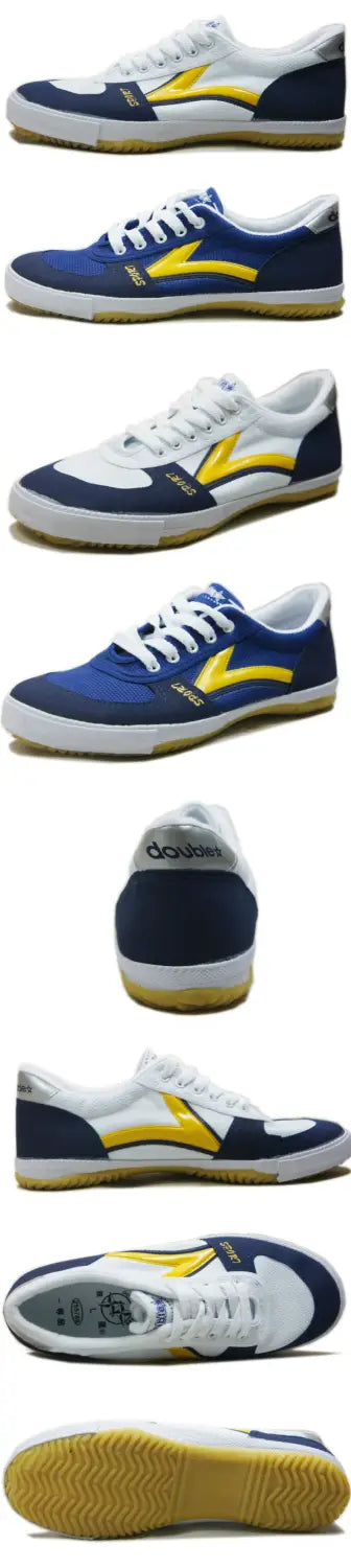 blue and yellow canvas couple sneakers with yellow lightning bolt design featuring white laces navy blue tongue and gum rubber soles