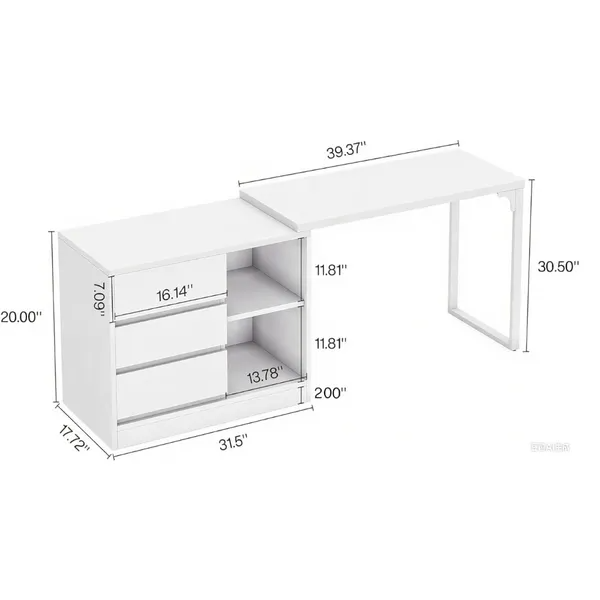 White modern l-shaped makeup vanity desk with drawers and open shelving featuring a lighted mirror.