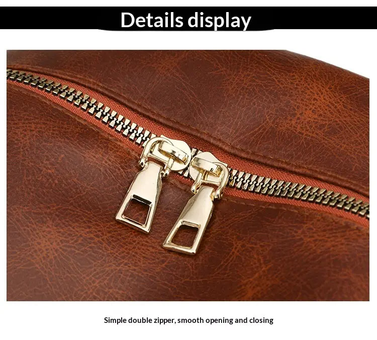 Brown faux leather women’s large capacity commuter backpack featuring gold toned double zipper.