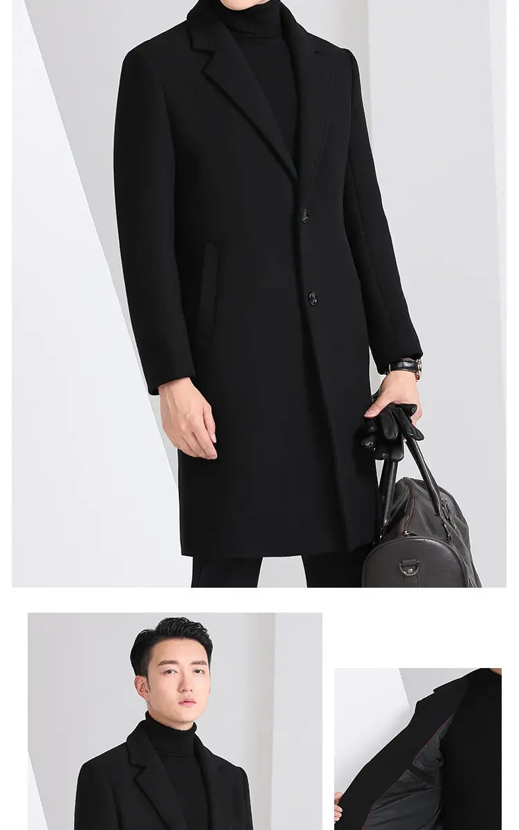 Manteau long coréen en laine noire à coupe ajustée, avec revers à encoches et trois boutons