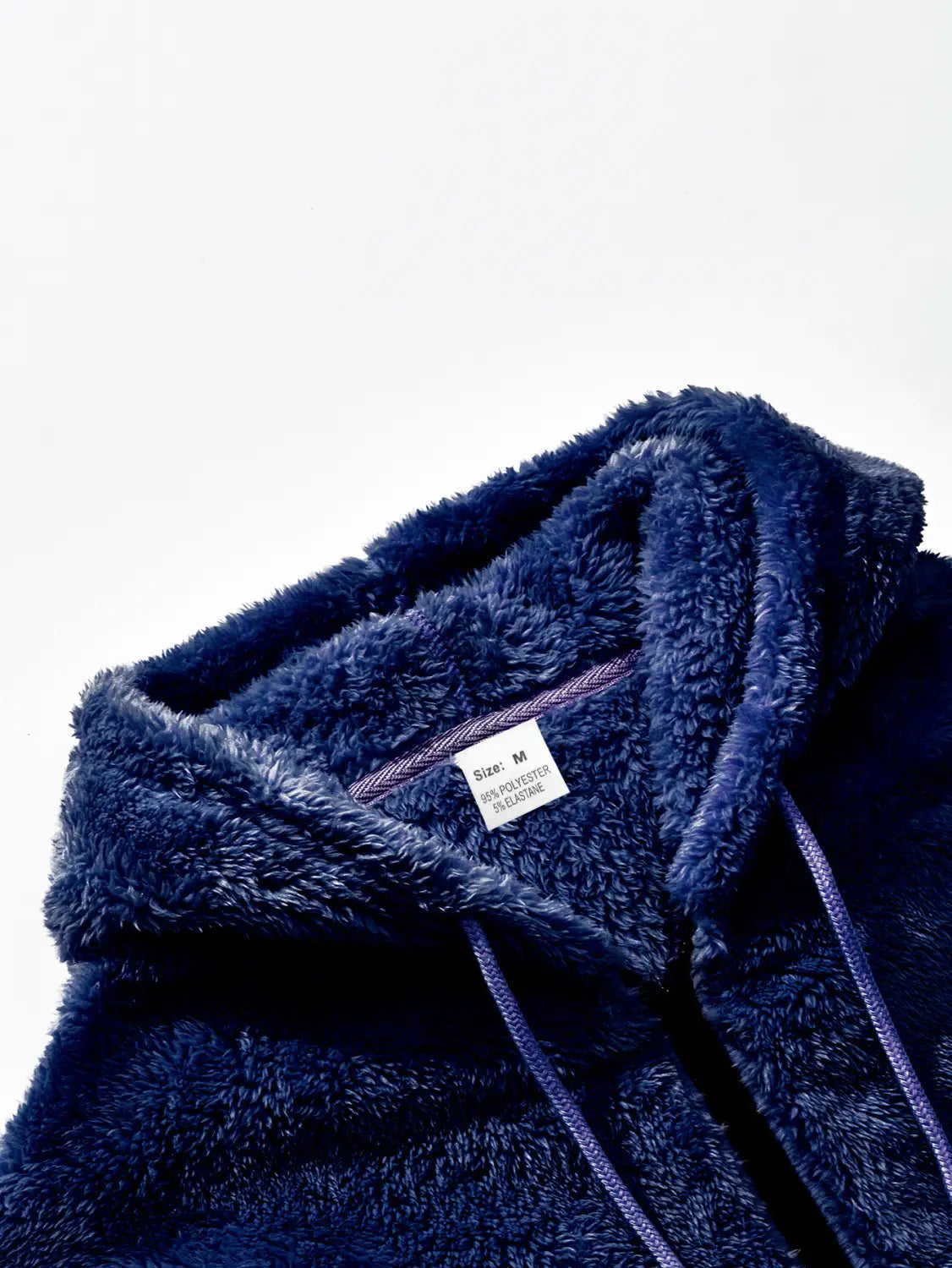 navy blue plush fleece lined loose zip up hooded jacket for men with matching drawstrings and soft material for warmth and comfort