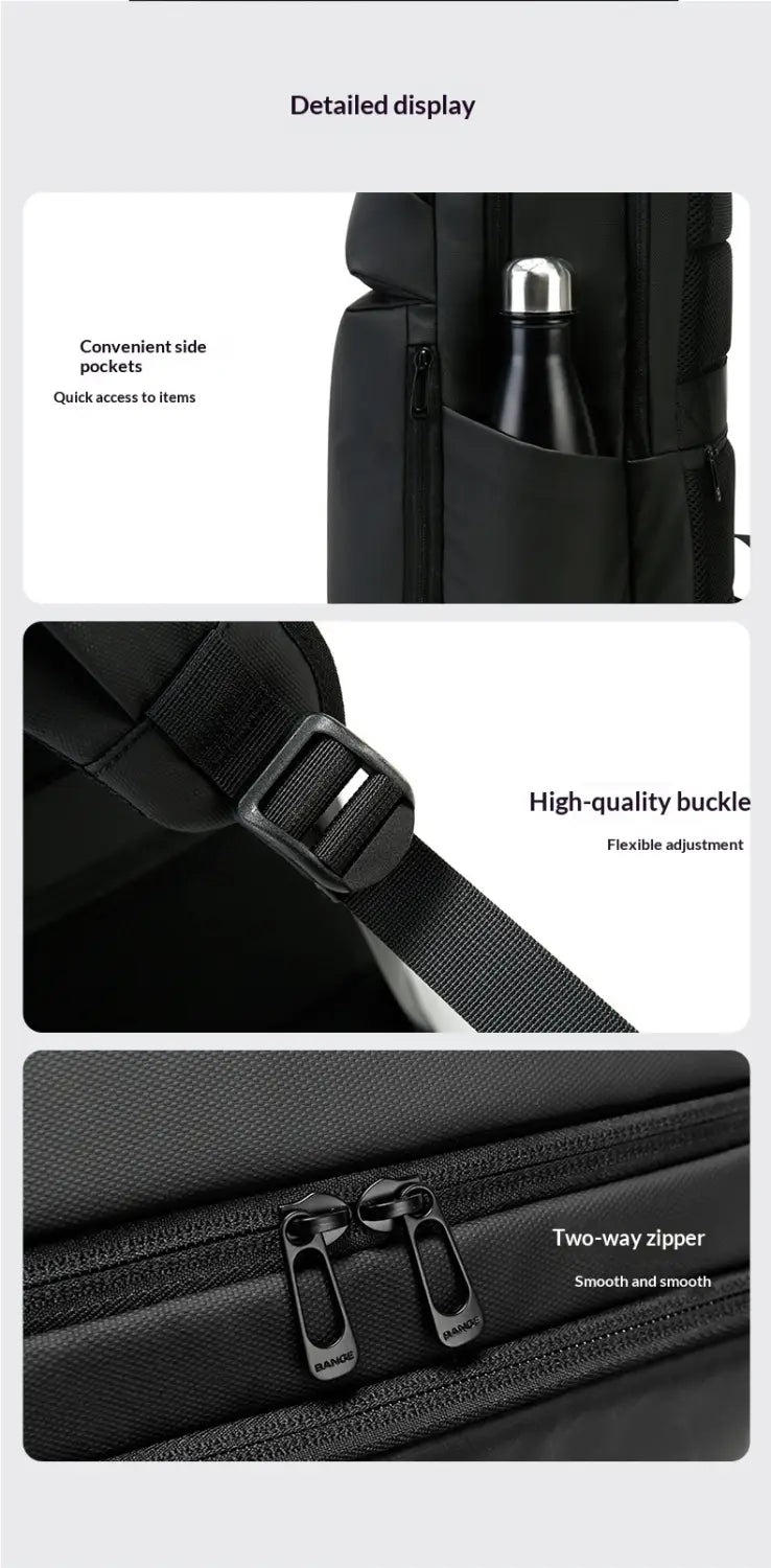 Black nylon business commuter backpack with large capacity, adjustable buckle straps, side pockets, and two-way zippers designed for laptop storage.