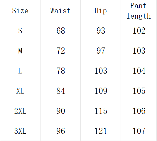 Tableau des tailles pour des jeans en denim à jambes droites amples et déchirées, effet vieilli, présentant les mesures du pantalon en pouces du S au 3XL.