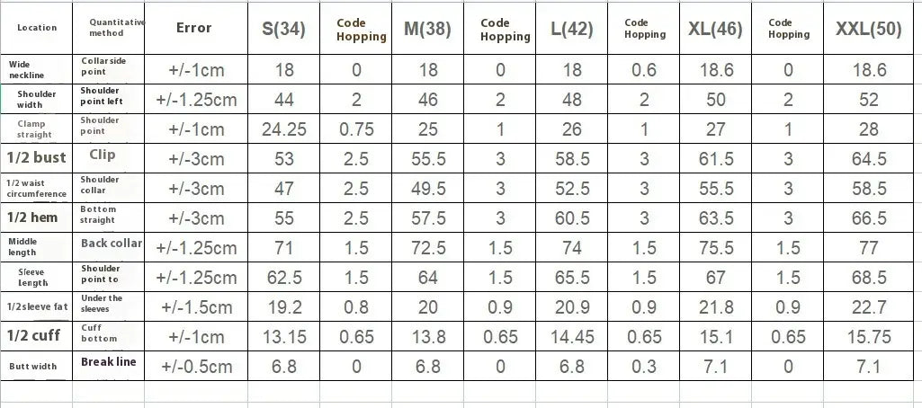 The image displays a detailed measurement chart for various sizes of a men printed double button suit jacket showing precise sizing information.