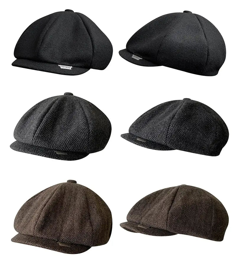 Black and brown herringbone-patterned woolen octagonal flat caps featuring a structured design and a small brand tag on the brim.