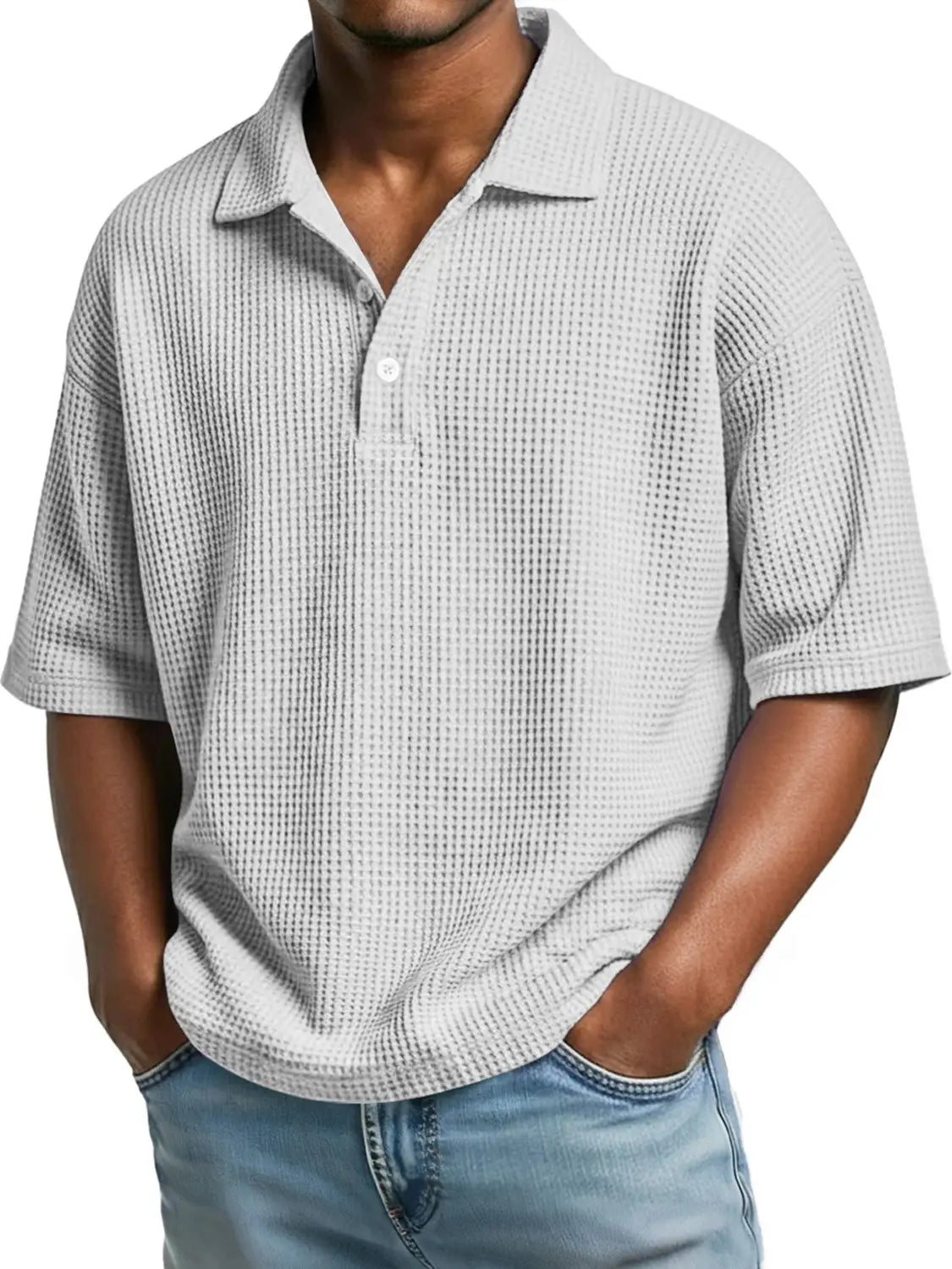 Men’s slim fit light gray waffle knit short sleeve polo shirt with a classic collar and button placket.