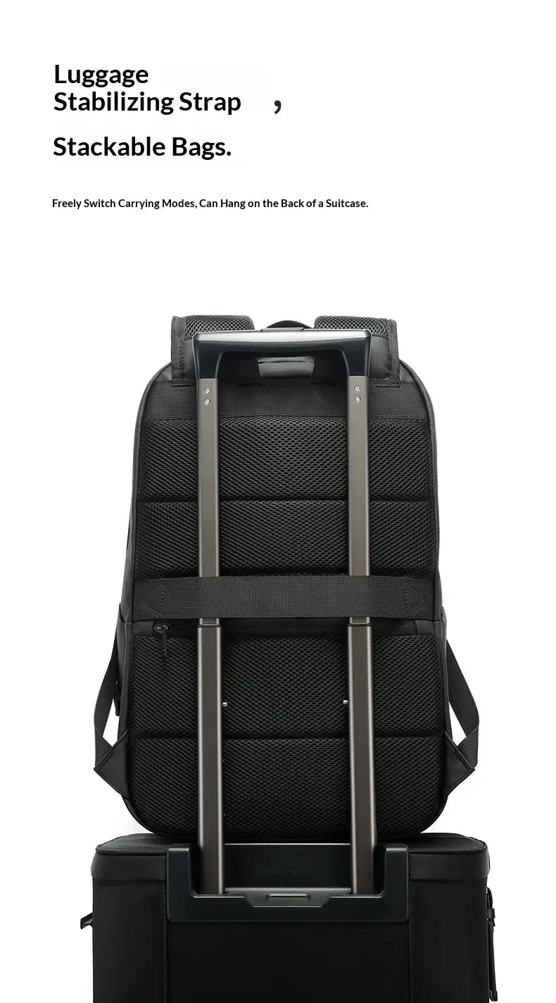 Black mesh business commuter backpack with adjustable straps and a sturdy handle designed for stacking or attaching to suitcases large capacity laptop bag.