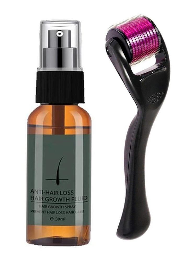 「ひげ育毛スプレーおよびダーマローラーキット30ml」における、黒いスプレーノズルと、毛髪アイコンをあしらったダークグリーンのラベルが付いた琥珀色のガラス瓶で、「アンチヘアロス 発毛促進育毛液」とラベル表示されたもの。