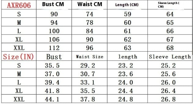 Tabla de tallas para la chaqueta blazer tipo peplum con cuello en V y mangas farol axr606, que muestra medidas en centímetros y pulgadas para las tallas de S a XXL.