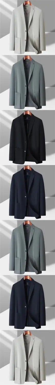 Eine Kollektion aus sechs Herren-Eis-Seiden-Freizeit-Sonnen-Schutz-Blazer-Mänteln in unterschiedlichen Schattierungen von Grau, Schwarz und Marineblau.