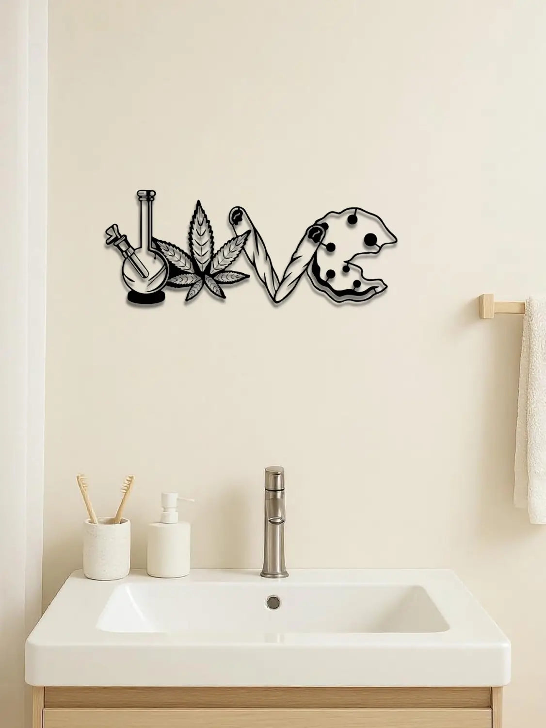 black metal wall art decor spelling love with each letter stylized as a bong, cannabis leaf, rolled cigarette, and chocolate chip cookie, designed for home use and featuring 2 days shipping.