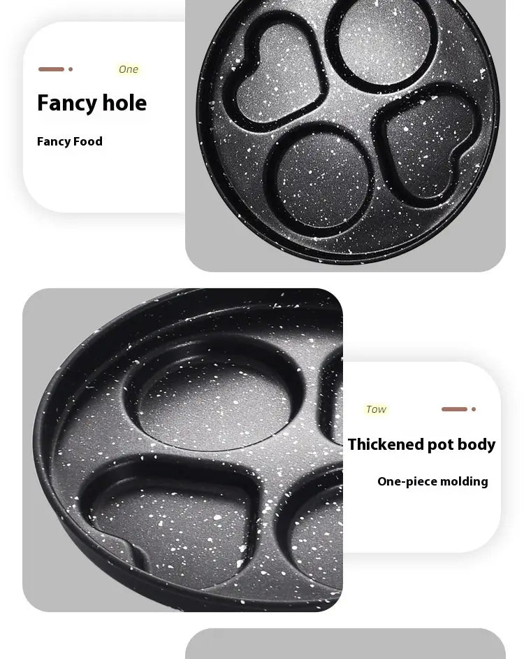 Black speckled non-stick pancake mold in heart and round shapes made from medical stone with a 25cm diameter.