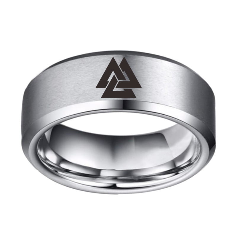 Silver tungsten carbide engraved valknut viking symbol stainless steel band ring with a brushed finish and black engraving on the top surface.