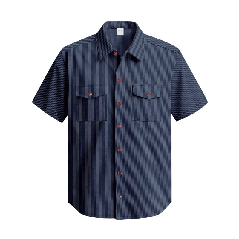 Navy blue loose corduroy short sleeve workwear shirt with fine white pinstripes and rust-colored buttons.
