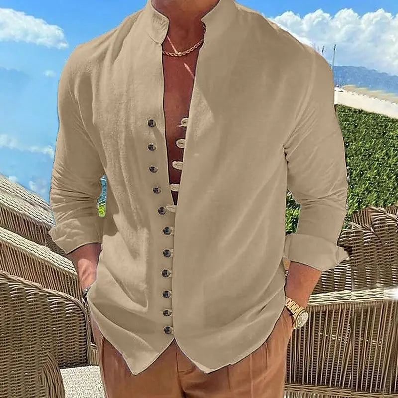 Beige linen blend wrinkle resistant casual shirt with a mandarin collar and dark buttons.