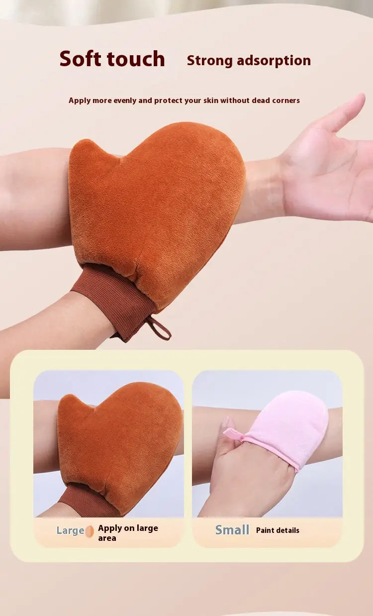 orange plush tanning mitt and exfoliating bath glove with soft velvety texture and adjustable wrist strap