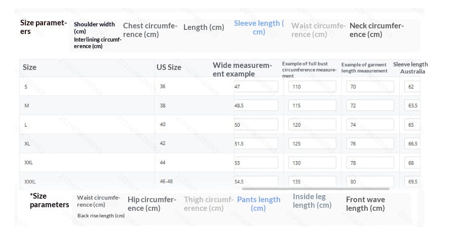 A detailed size chart for mens cargo jacket and pants set showing measurements in centimeters for sizes s to xxxl.