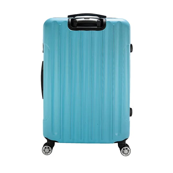 A sleek light blue hard-shell suitcase with vertical ridges and black wheels from the 3-in-1 blue textured rolling hardshell suitcase set.