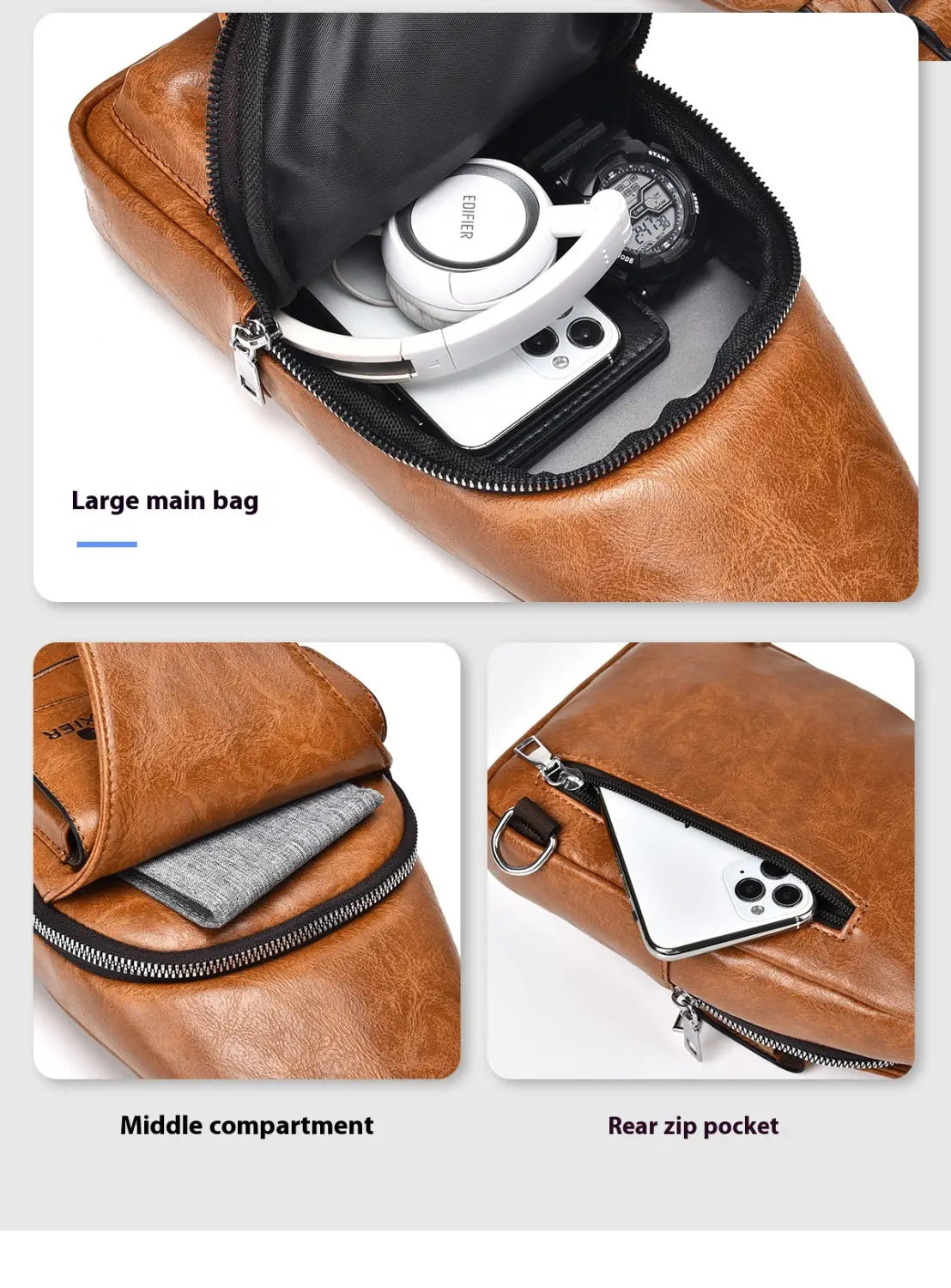 Brown leather crossbody bag for men with multiple compartments and zippers made of retro waterproof faux leather.