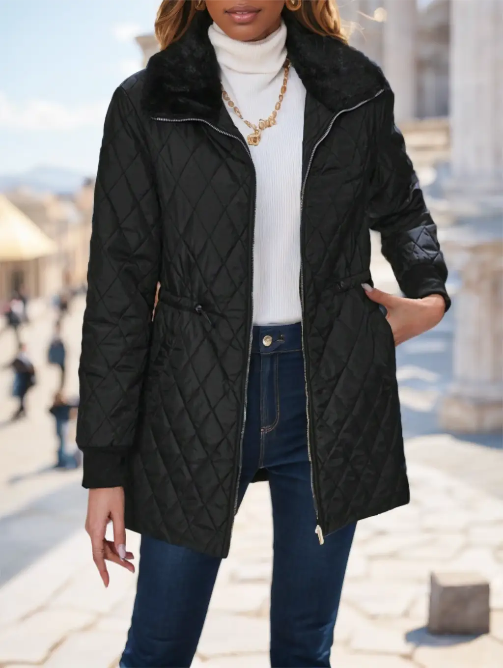 Black quilted padded winter coat with a plush faux fur collar and black leather-like elbow patches designed for cold weather.