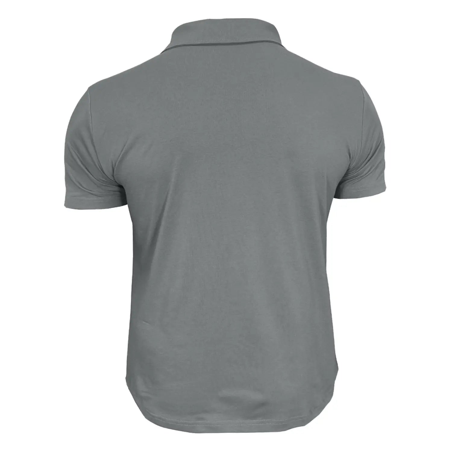 men’s gray short-sleeved cotton blend polo shirt with a classic collar and subtle texture featuring dual pockets