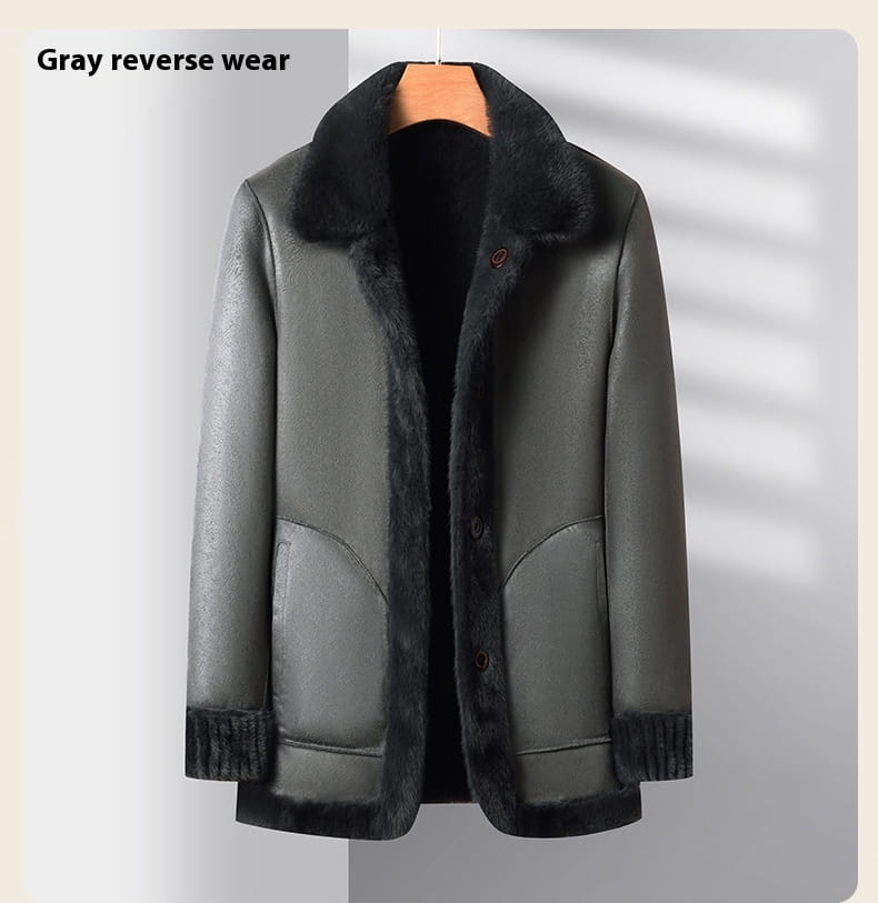 Gray shearling faux fur winter coat for men featuring a plush black fur collar and cuffs with a classic button-front design.