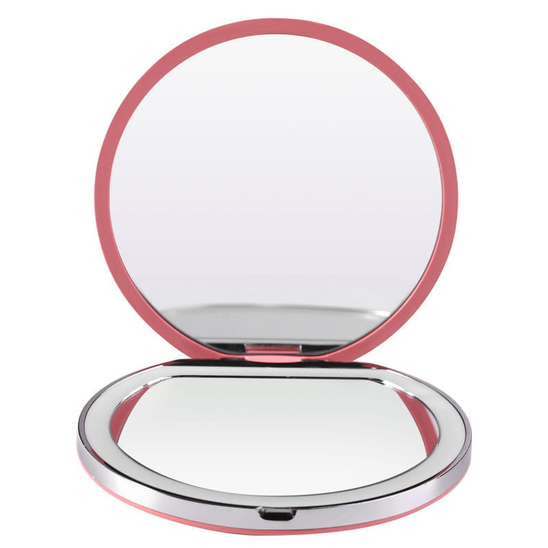 Espejo de maquillaje LED portátil compacto plegable USB en color rosa y plateado, con dos superficies reflectantes y un diseño plegable