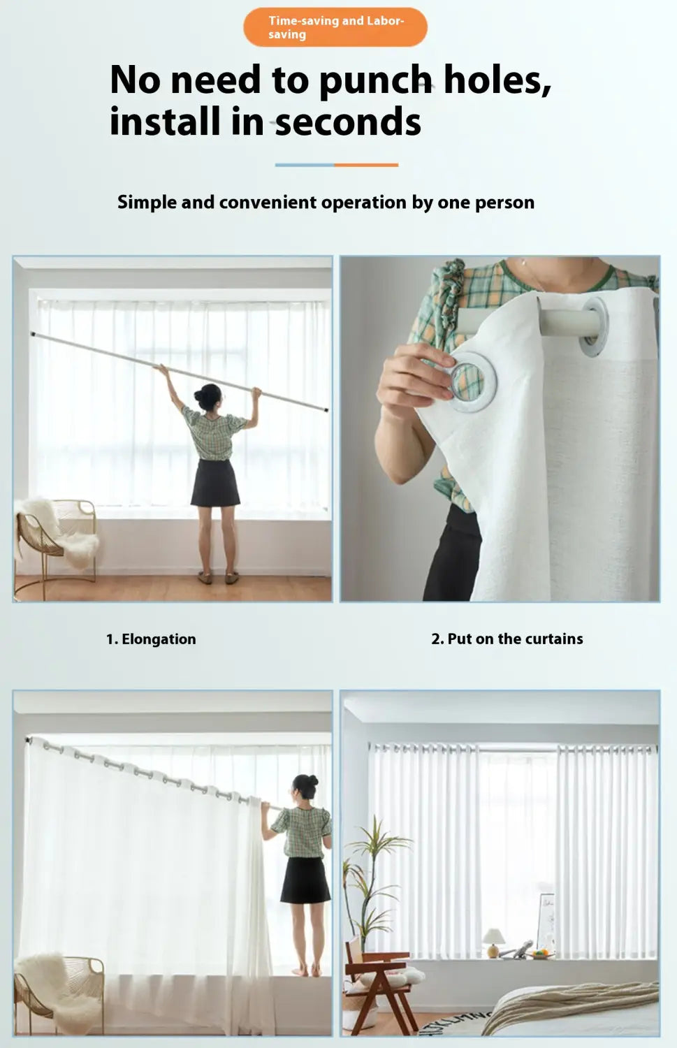 white curtain rod with circular mounting bracket for easy no-punch installation paired with textured sunscreen linen curtains for home use